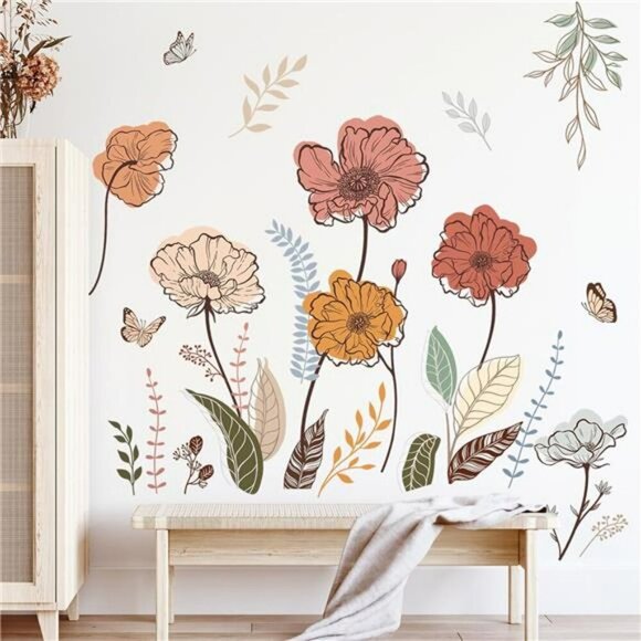 Boho Flower Wall Stickers Wildflower Peel and Stick Floral Wall Decals Art - Picture 3 of 7